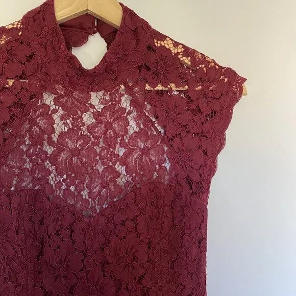 Lulus burgundy maxi formal dress lace halter top neckline open back detail